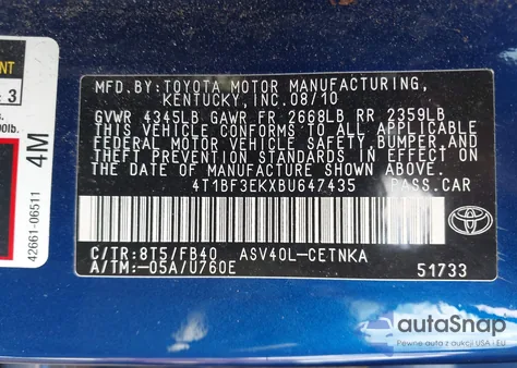 2011 Toyota Camry z USA, uszkodzony, nr VIN 4T1BF3EKXBU647435